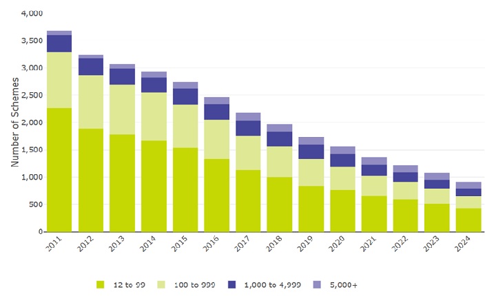 Figure 1: Occupational DC schemes by membership size group (including hybrid schemes, excluding micro schemes) (2011 to 2024).