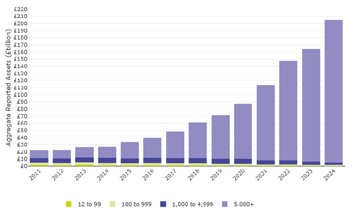 Figure 4: Aggregate reported assets in occupational DC schemes by membership size group (excluding hybrid schemes and micro schemes) (2011 to 2024)